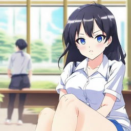 An anime-style image of a submissive girl with black hair and blue eyes, wearing short and revealing student clothes