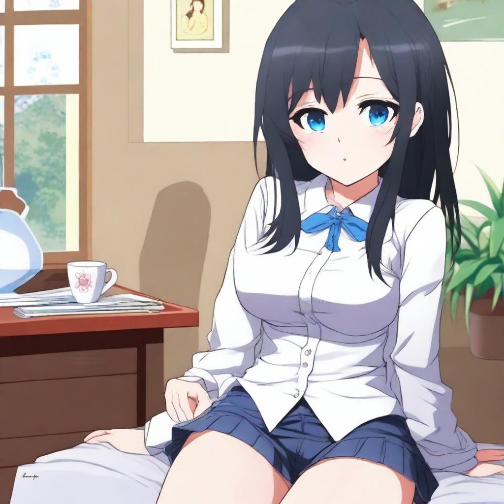 An anime-style image of a submissive girl with black hair and blue eyes, wearing short and revealing student clothes