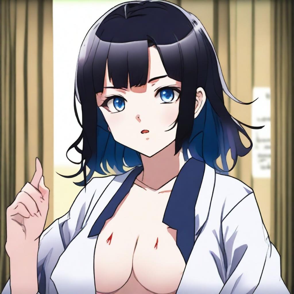 A Kimetsu no Yaiba anime-style image of a submissive girl with black hair and blue eyes, wearing short and revealing student clothes