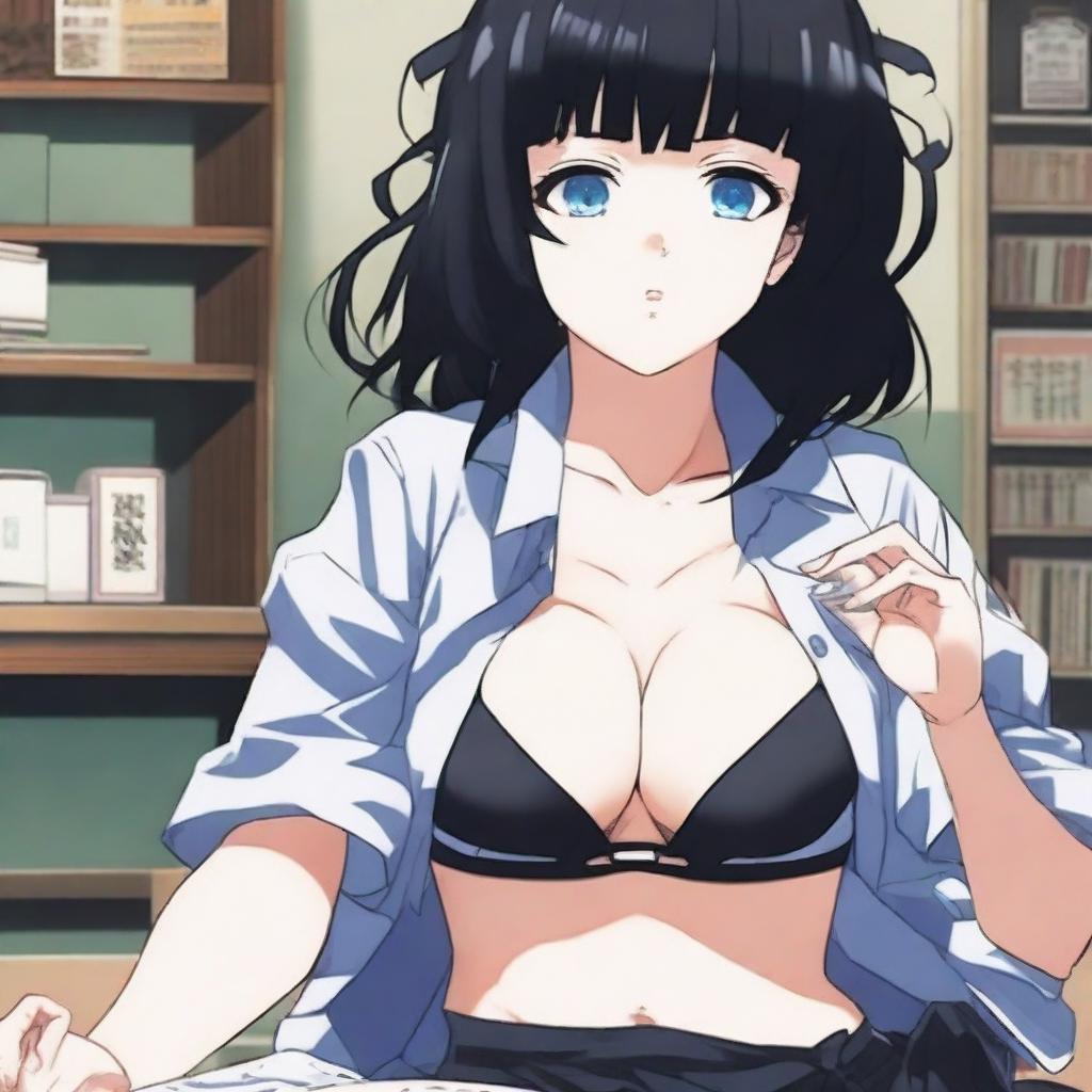 A Kimetsu no Yaiba anime-style image of a submissive girl with black hair and blue eyes, wearing short and revealing student clothes