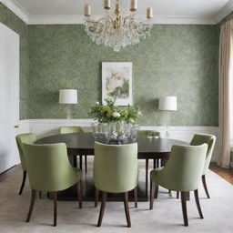 Illustrate a luxurious, minimalist dining room featuring touches of green floral wallpaper.