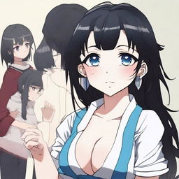 A Kimetsu no Yaiba anime-style image of a submissive girl with black hair and blue eyes, wearing short and revealing student clothes