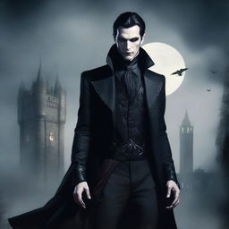 A detailed vampire character design for a gothic novel cover