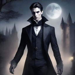 A detailed vampire character design for a gothic novel cover