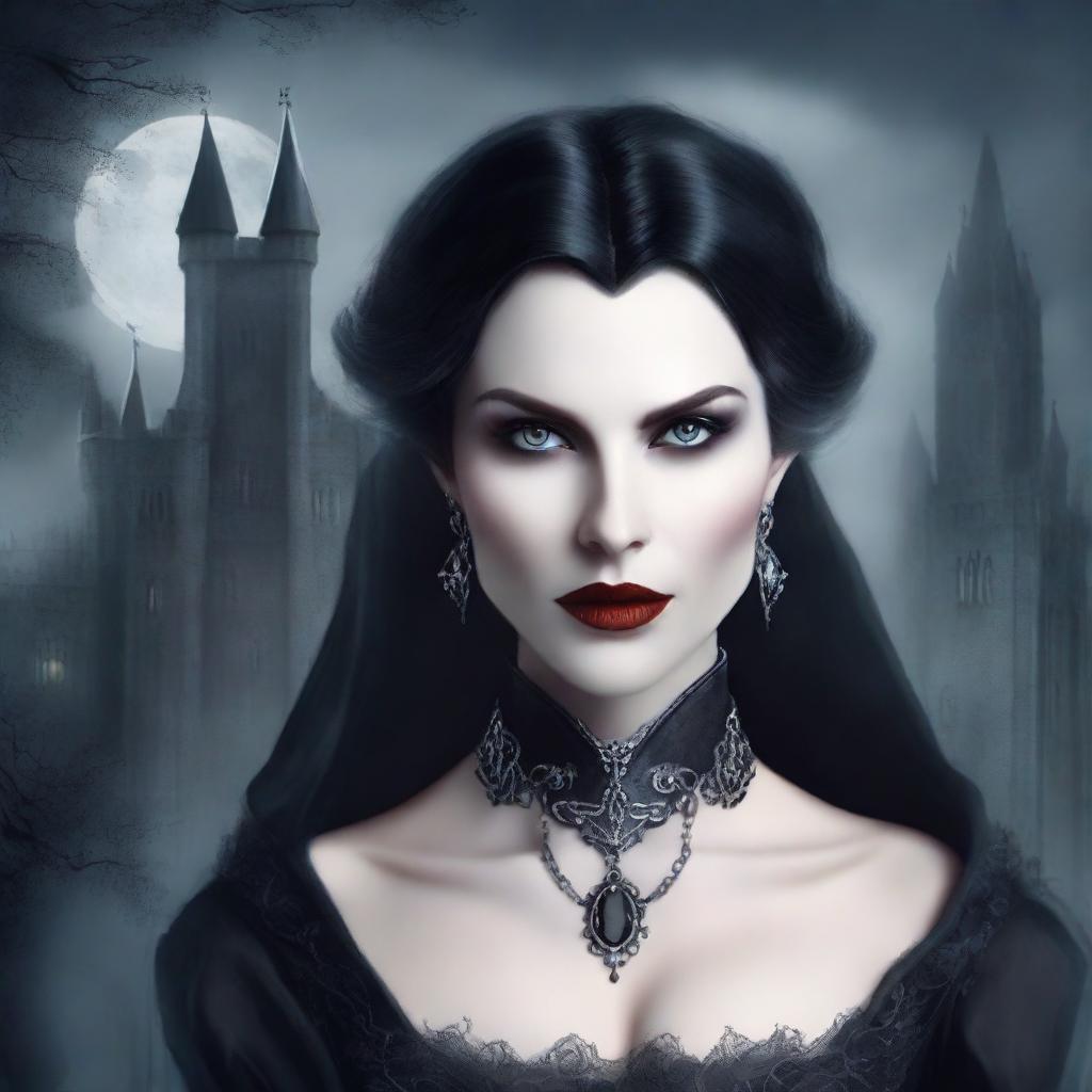 A detailed vampire character design for a gothic novel cover