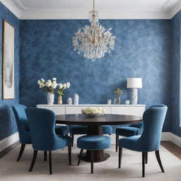 Depict a luxurious, minimalist dining room accentuated with touches of blue floral wallpaper.