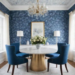 Depict a luxurious, minimalist dining room accentuated with touches of blue floral wallpaper.