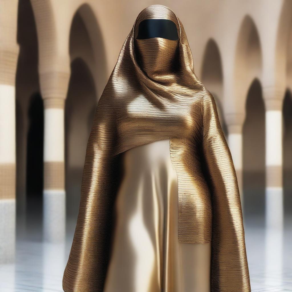 Create an image of a woman with large hips and large breasts, wearing a silky smooth metallic burqa and a face-covering niqab