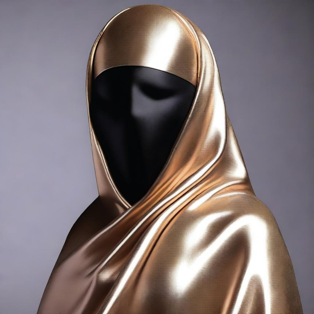 Create an image of a woman with large hips and large breasts, wearing a silky smooth metallic burqa and a face-covering niqab