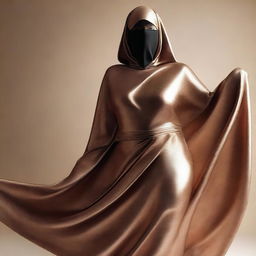 Create an image of a woman with large hips and large breasts, wearing a silky smooth metallic burqa and a face-covering niqab