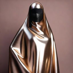 Create an image of a woman with large hips and large breasts, wearing a silky smooth metallic burqa and a face-covering niqab