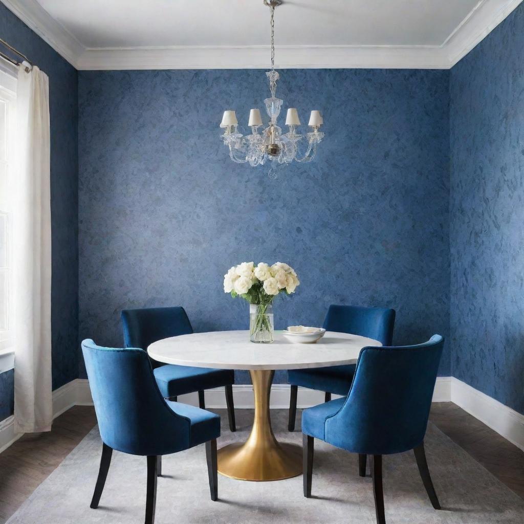 Depict a luxurious, minimalist dining room accentuated with touches of blue floral wallpaper.