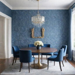 Depict a luxurious, minimalist dining room accentuated with touches of blue floral wallpaper.