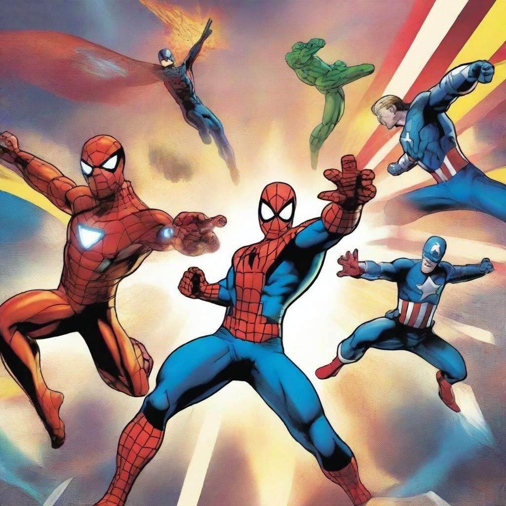 A vibrant and dynamic comic-style poster with Marvel superheroes like Spider-Man, Iron Man, and Captain America in action poses