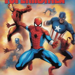 A vibrant and dynamic comic-style poster with Marvel superheroes like Spider-Man, Iron Man, and Captain America in action poses