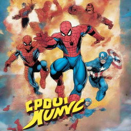 A vibrant and dynamic comic-style poster with Marvel superheroes like Spider-Man, Iron Man, and Captain America in action poses