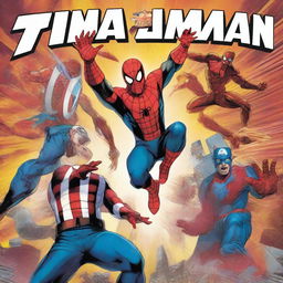 A vibrant and dynamic comic-style poster with Marvel superheroes like Spider-Man, Iron Man, and Captain America in action poses