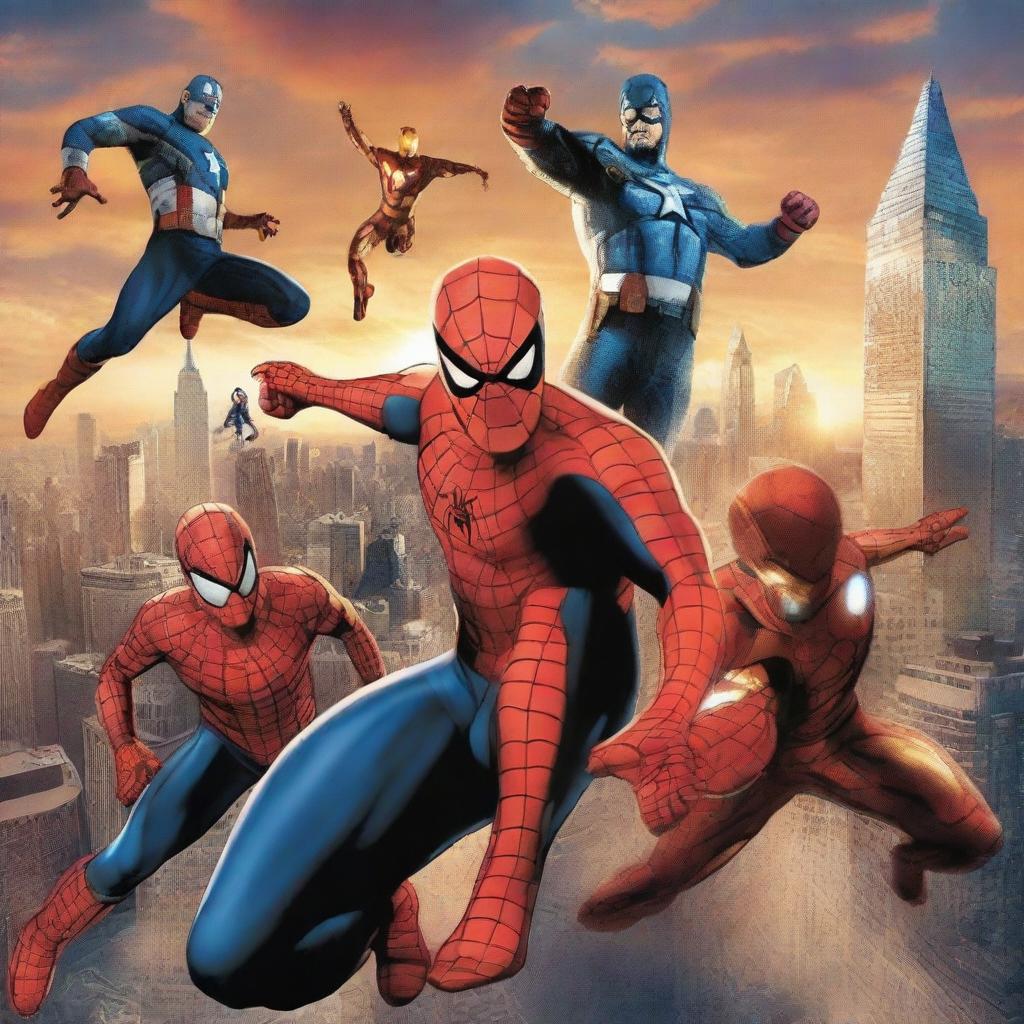 A detailed and vibrant image featuring popular Marvel heroes such as Spider-Man, Iron Man, Captain America, Thor, and Black Widow