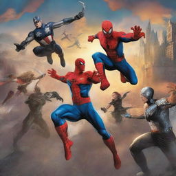 A detailed and vibrant image featuring popular Marvel heroes such as Spider-Man, Iron Man, Captain America, Thor, and Black Widow