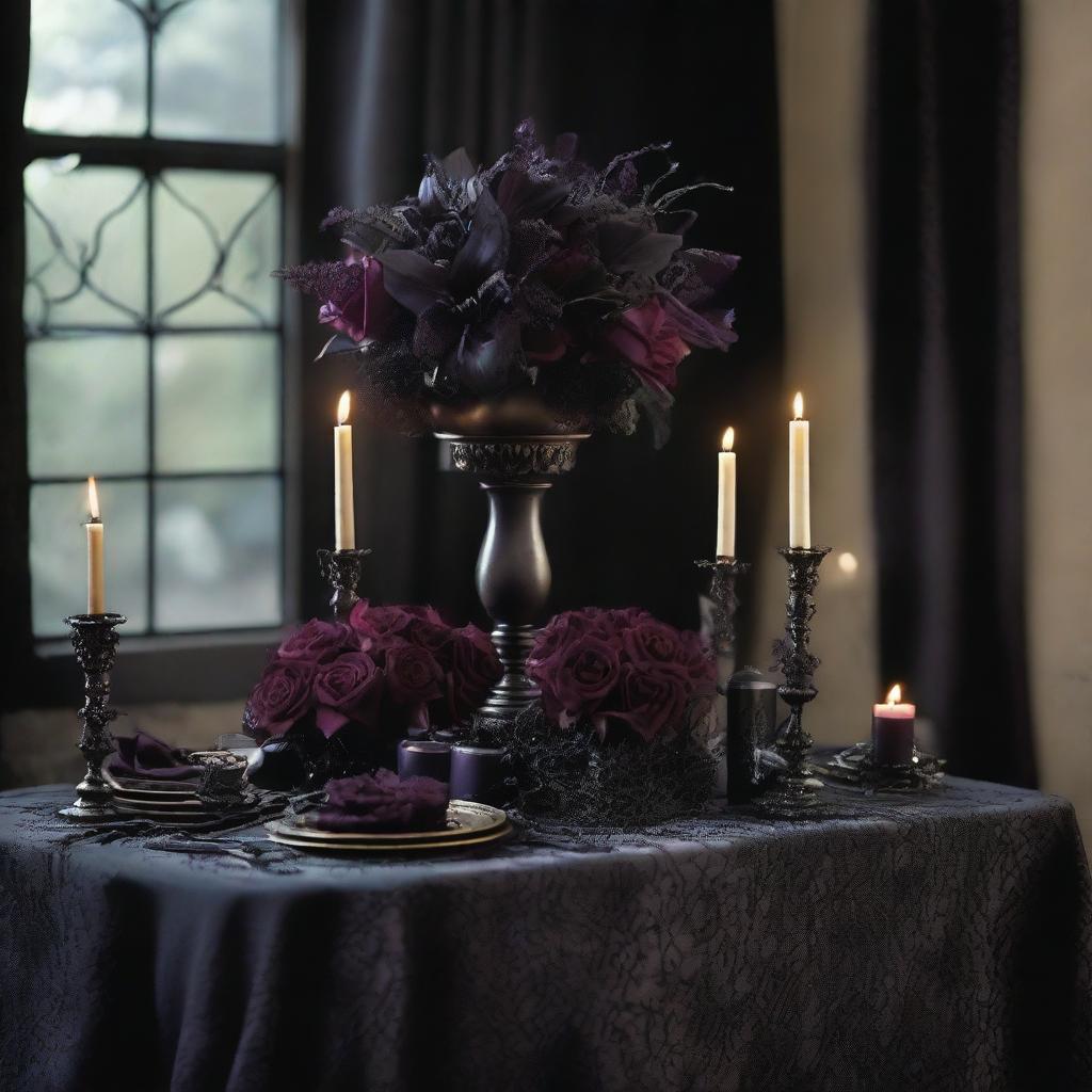 Envision a gothic dark romance scene with rich, moody tones