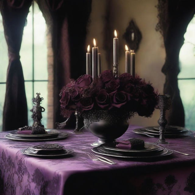 Envision a gothic dark romance scene with rich, moody tones