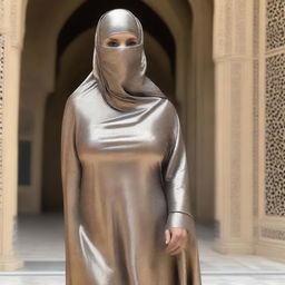 A voluptuous woman with large hips and breasts is wearing a silky smooth, metallic burqa and face-covering niqab