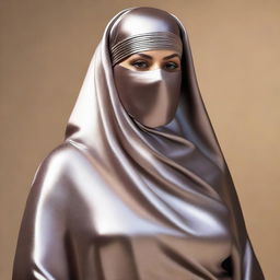 A voluptuous woman with large hips and breasts is wearing a silky smooth, metallic burqa and face-covering niqab