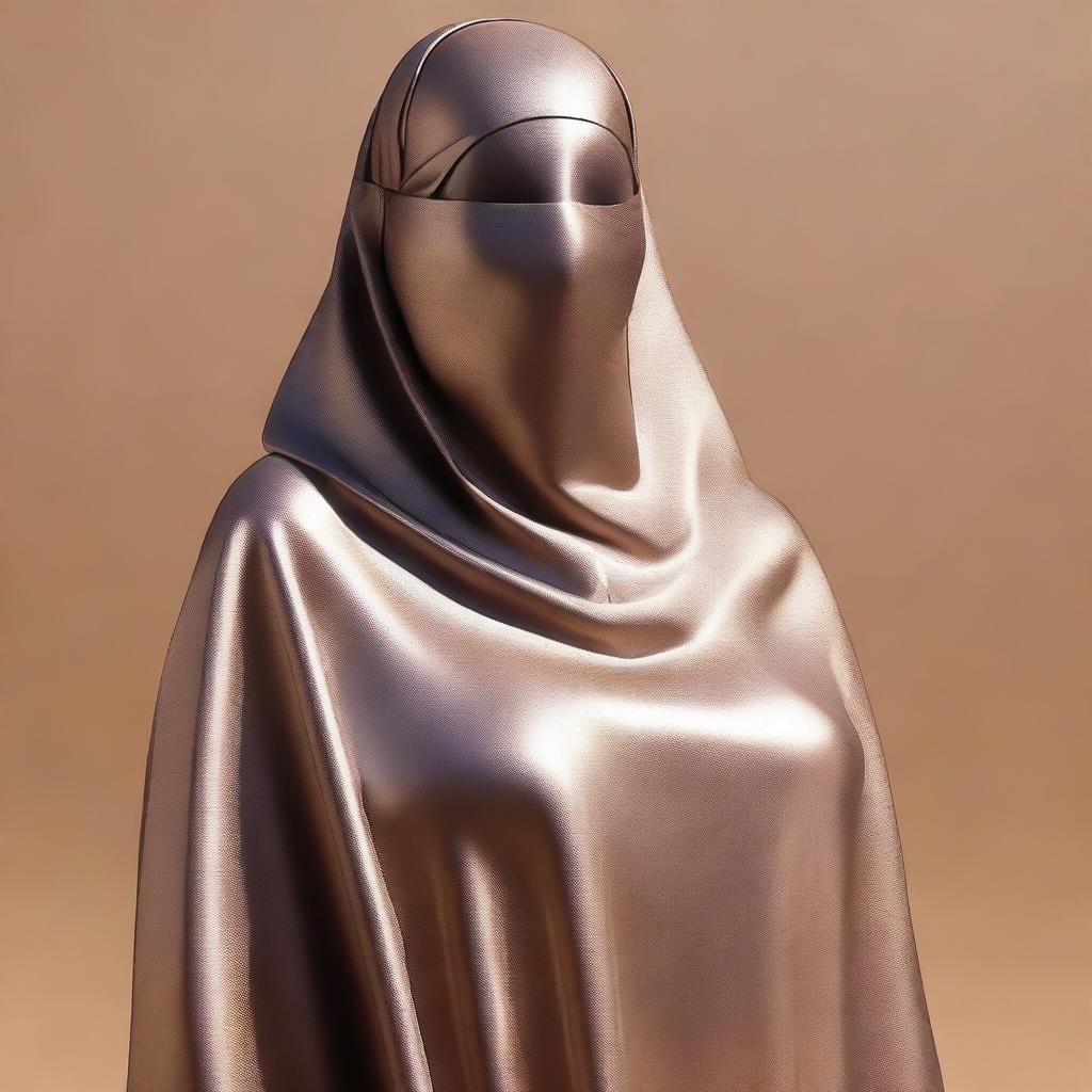 A voluptuous woman with large hips and breasts is wearing a silky smooth, metallic burqa and face-covering niqab