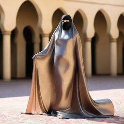 A voluptuous woman with large hips and breasts is wearing a silky smooth, metallic burqa and face-covering niqab