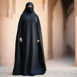 A woman with a larger body frame is wearing a black satin silky burqa