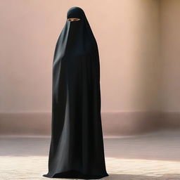 A woman with a larger body frame is wearing a black satin silky burqa