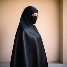 A woman with a larger body frame is wearing a black satin silky burqa