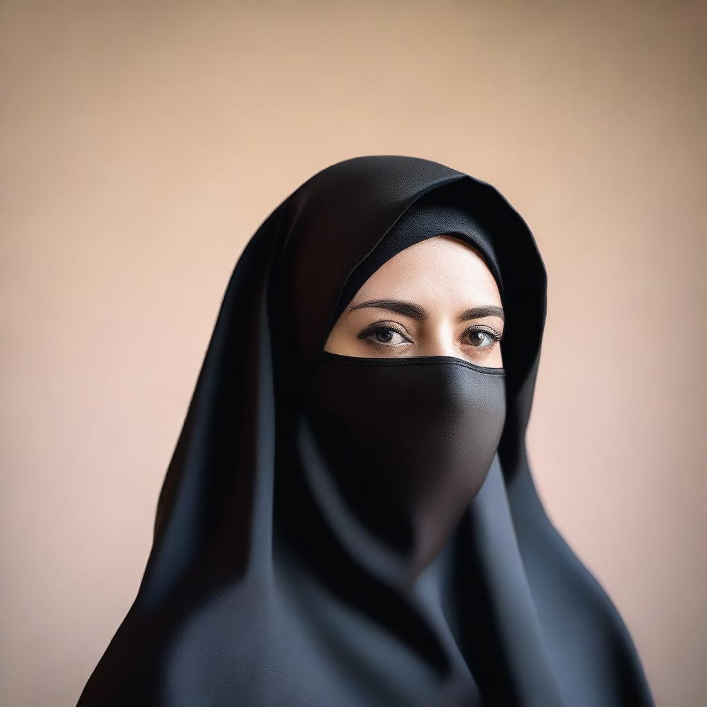 A woman with a larger body frame is wearing a black satin silky burqa