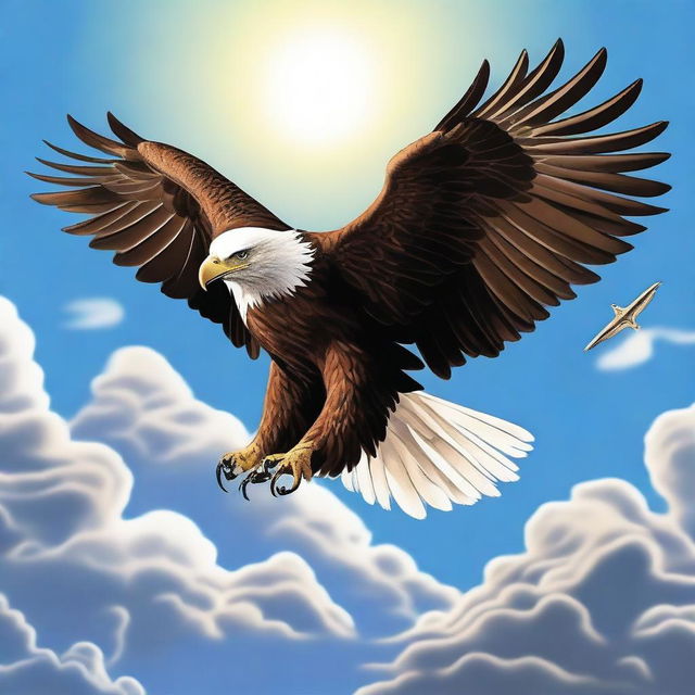 A majestic eagle with outstretched wings soaring through the sky, clutching a gleaming sword in its talons