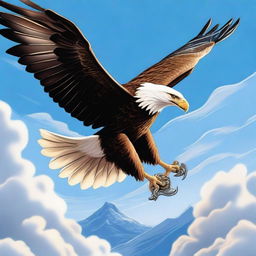 A majestic eagle with outstretched wings soaring through the sky, clutching a gleaming sword in its talons