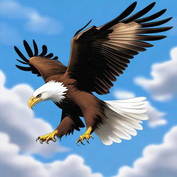 A majestic eagle with outstretched wings soaring through the sky, clutching a gleaming sword in its talons