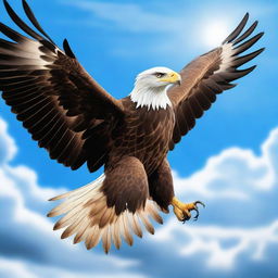 A majestic eagle with outstretched wings soaring through the sky, clutching a gleaming sword in its talons