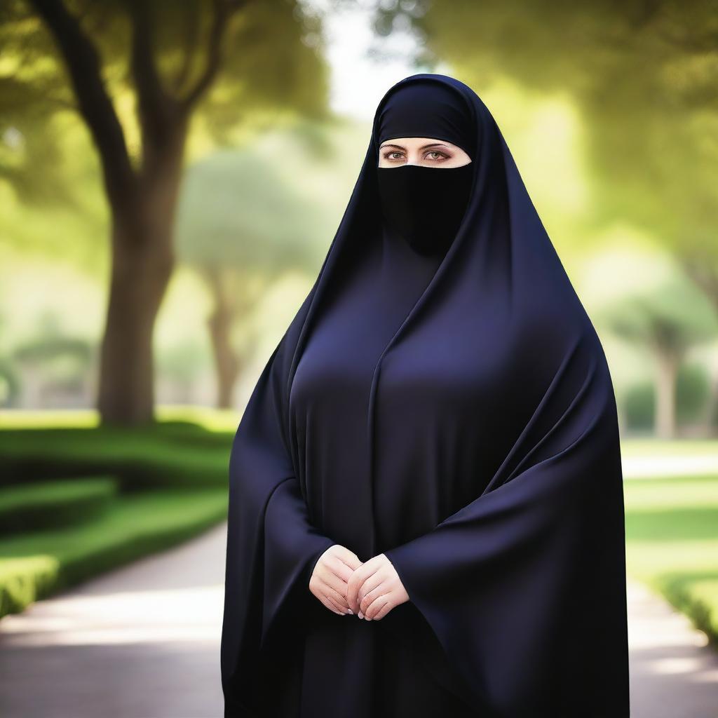 A large woman wearing a black satin silky burqa, standing confidently