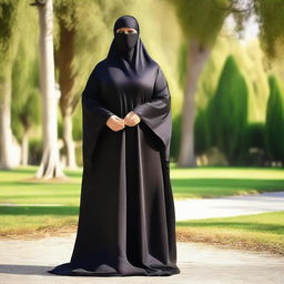 A large woman wearing a black satin silky burqa, standing confidently