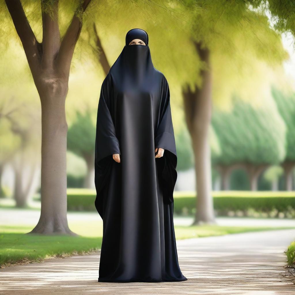 A large woman wearing a black satin silky burqa, standing confidently