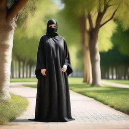 A large woman wearing a black satin silky burqa, standing confidently