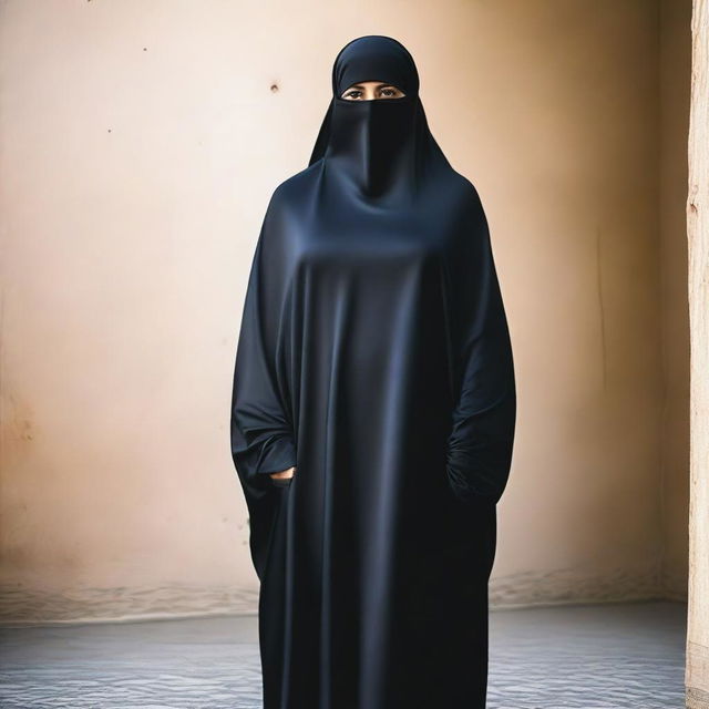 A large woman wearing a black satin burqa that is tight-fitting, emphasizing her hips and chest