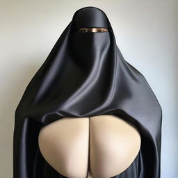 A large woman wearing a black satin burqa that is tight-fitting, emphasizing her hips and chest