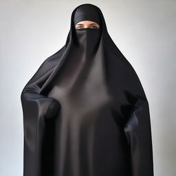 A large woman wearing a black satin burqa that is tight-fitting, emphasizing her hips and chest