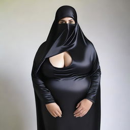 A large woman wearing a black satin burqa that is tight-fitting, emphasizing her hips and chest