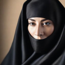 A large woman is wearing a black satin, silky, and tight burqa