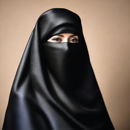 A large woman is wearing a black satin, silky, and tight burqa