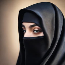 A large woman is wearing a black satin, silky, and tight burqa