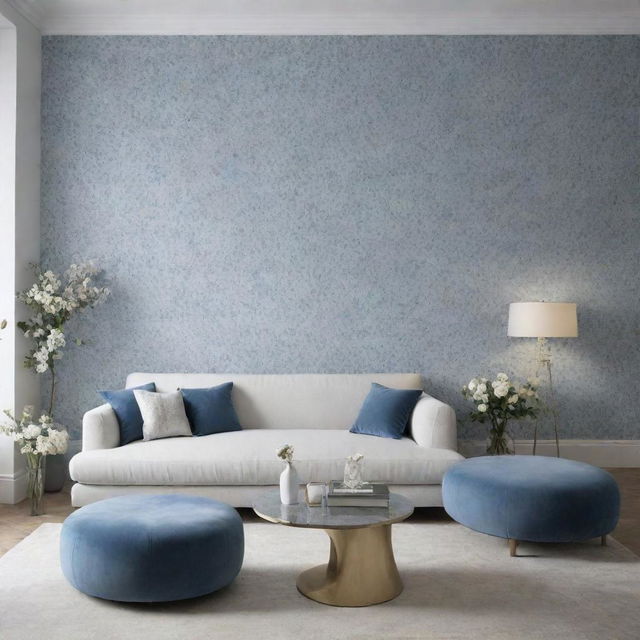 Render a luxurious, minimalist living room with touches of blue floral wallpaper.