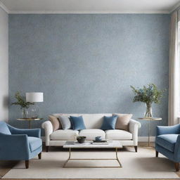 Render a luxurious, minimalist living room with touches of blue floral wallpaper.